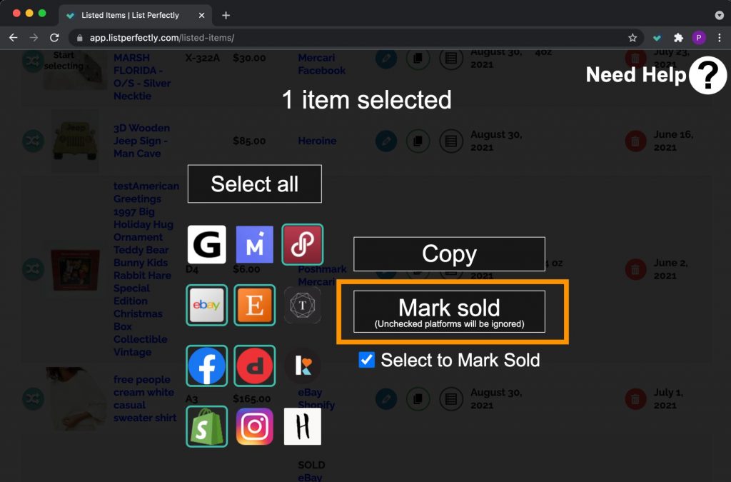 Mark listings as sold