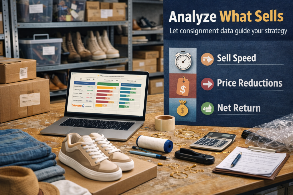 Warehouse workspace showing consignment inventory, sales data charts on a laptop, and packing supplies used to analyze which items sell fastest, need fewer price reductions, and generate higher net returns