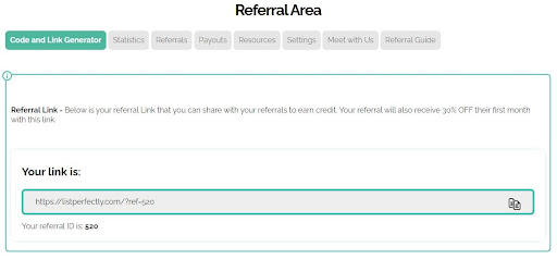 list perfectly referral program link and code generator