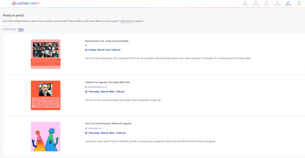 Listing Party events page Mar 2023