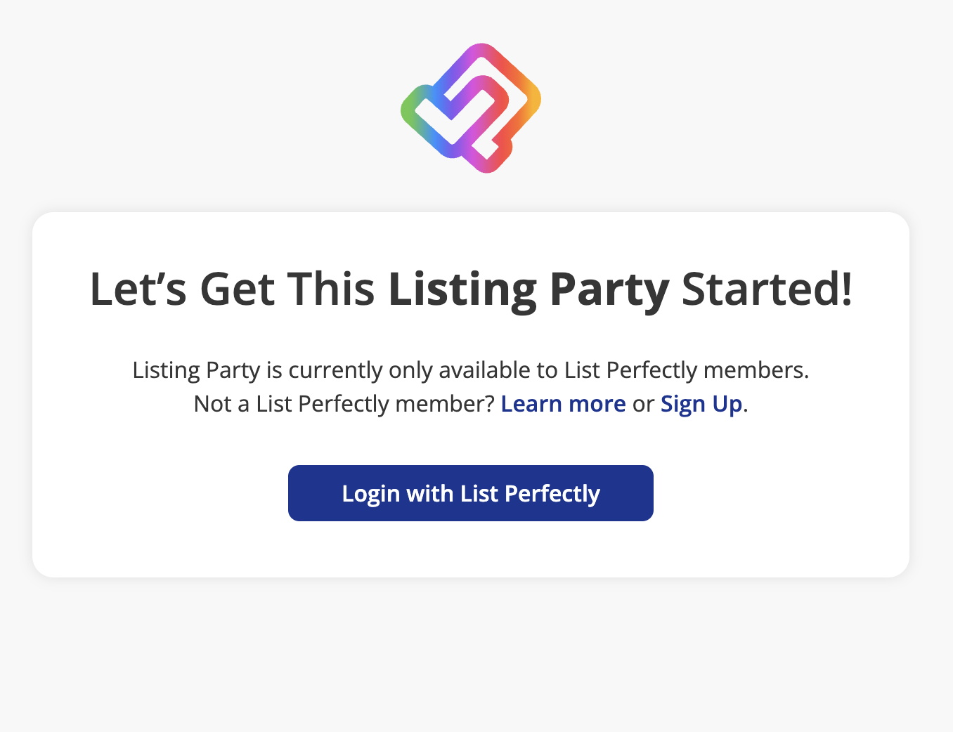 Listing Party login screen with the Login with List Perfectly button for members