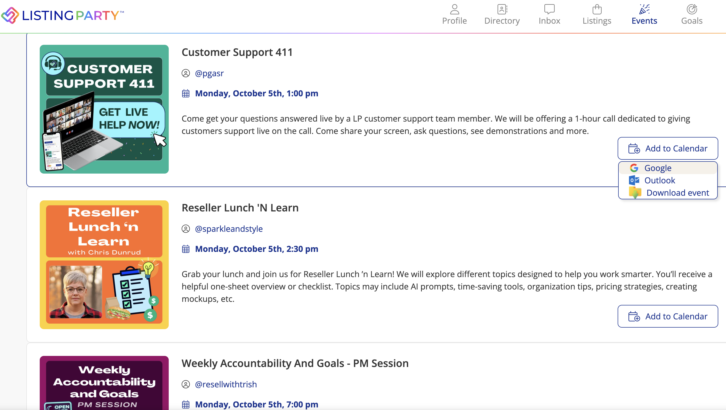 Listing Party events page showing Customer Support 411, Reseller Lunch n Learn, and Weekly Accountability and Goals sessions