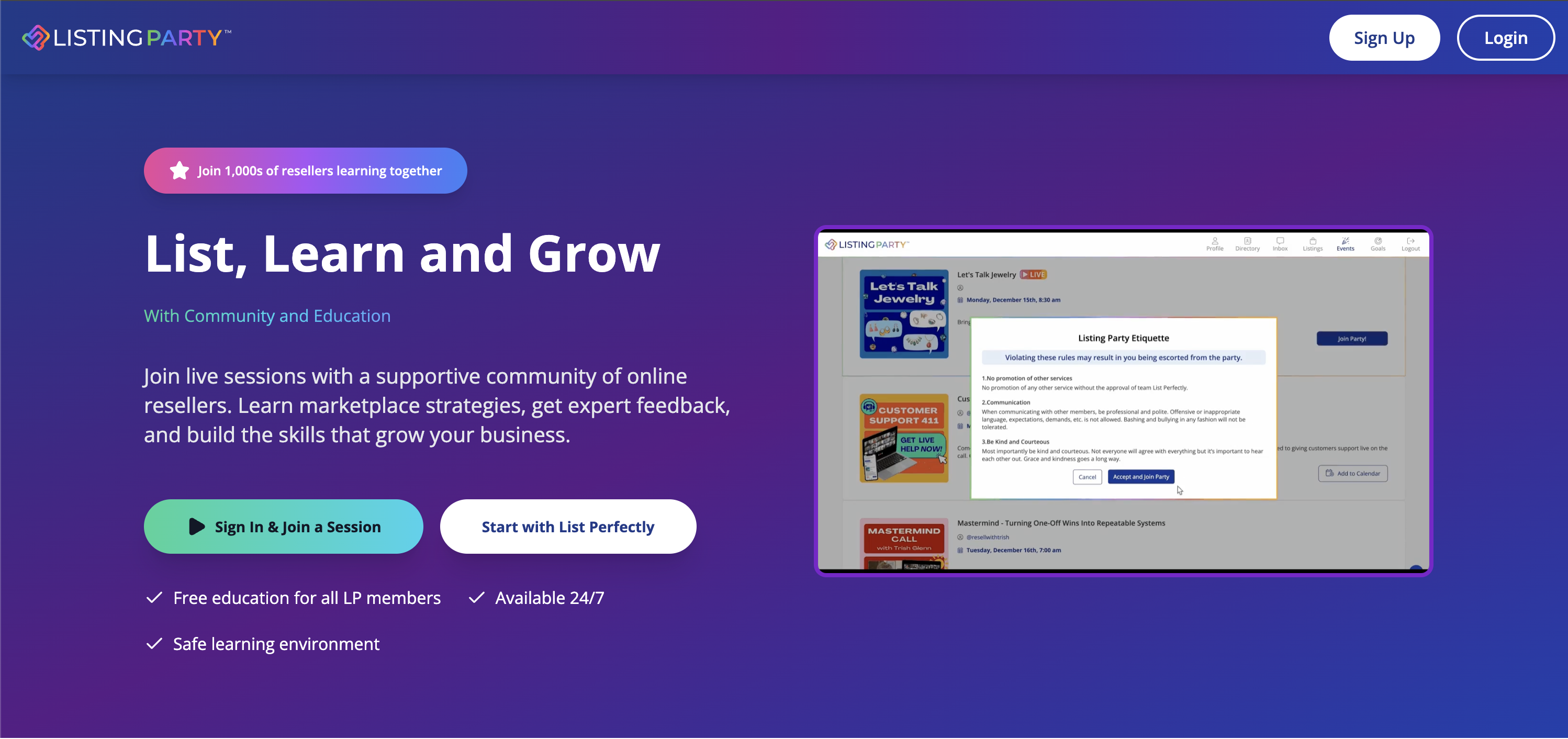 Listing Party homepage showing List, Learn and Grow and options to join live reseller sessions