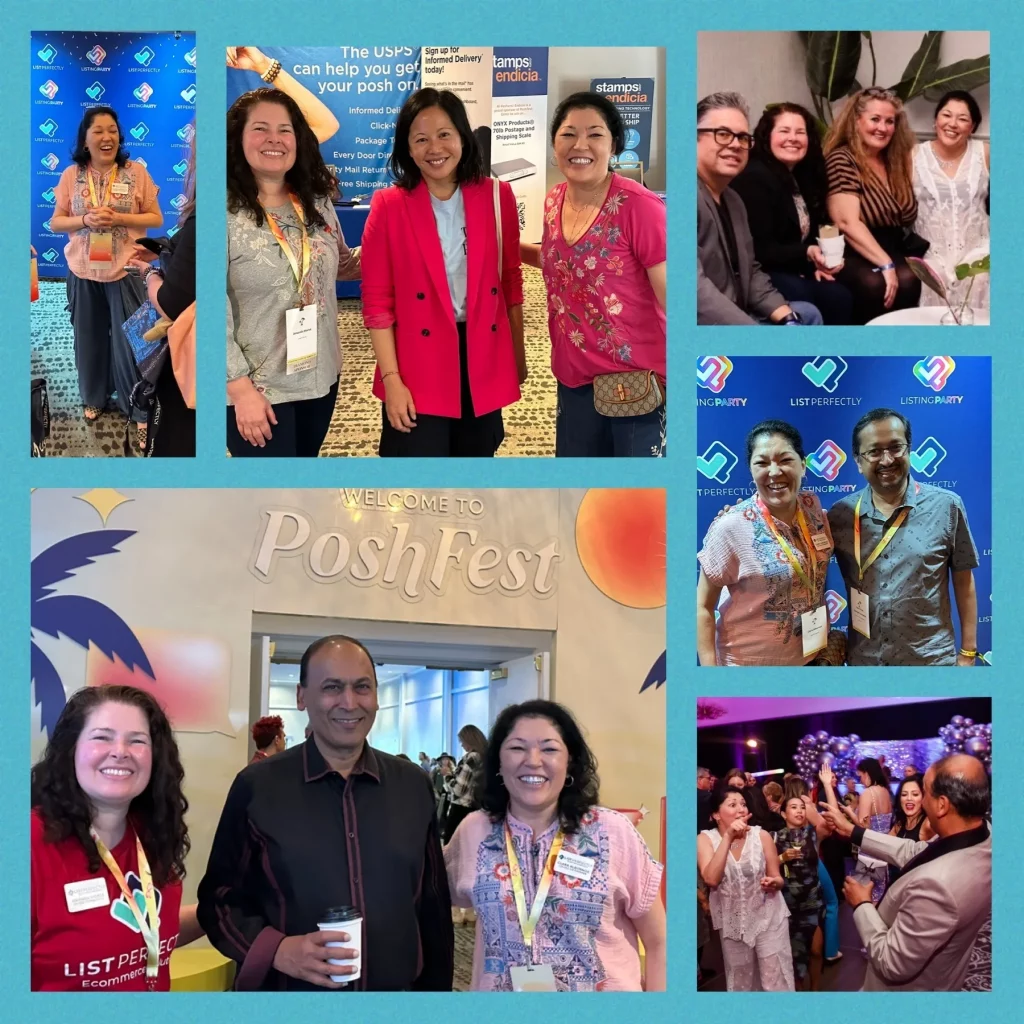 Collage of List Perfectly co-founders connecting with Poshmark leaders and community members