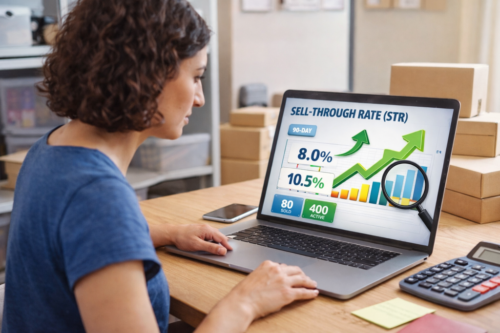 Woman seller analyzes her sell thru rate