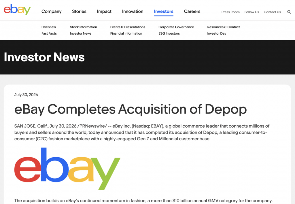 Screenshot of ebays announcement purchasing Depop