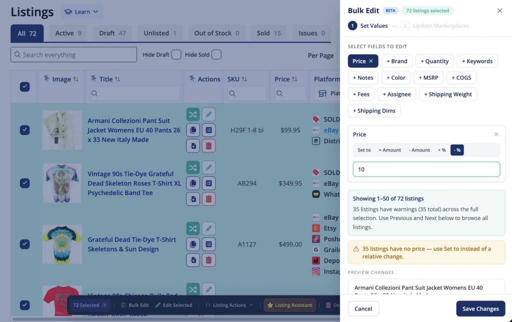 List Perfectly Bulk Edit panel applying a 10 percent price decrease to 72 selected listings in the Catalog