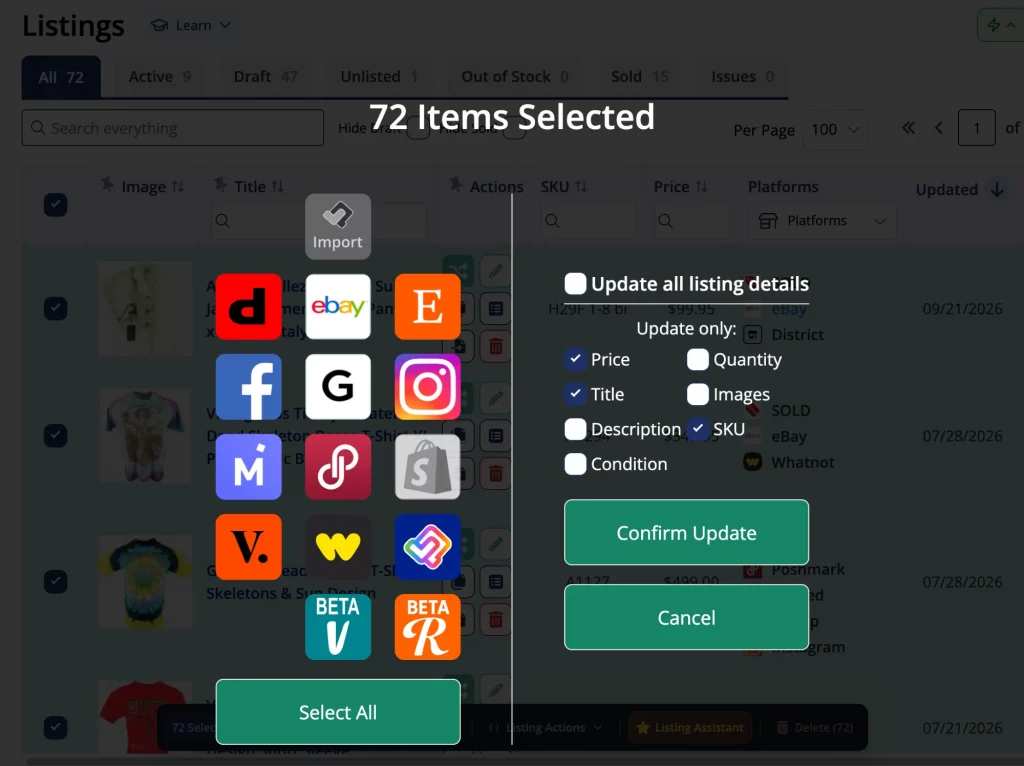 List Perfectly bulk update window with 72 items selected, showing Reverb among the marketplace icons and options to update price, title and SKU