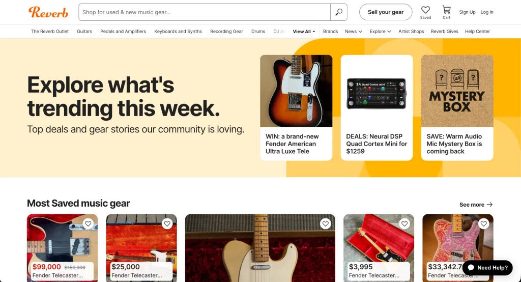 Reverb marketplace homepage showing trending music gear deals and a row of the most saved Fender Telecaster guitars