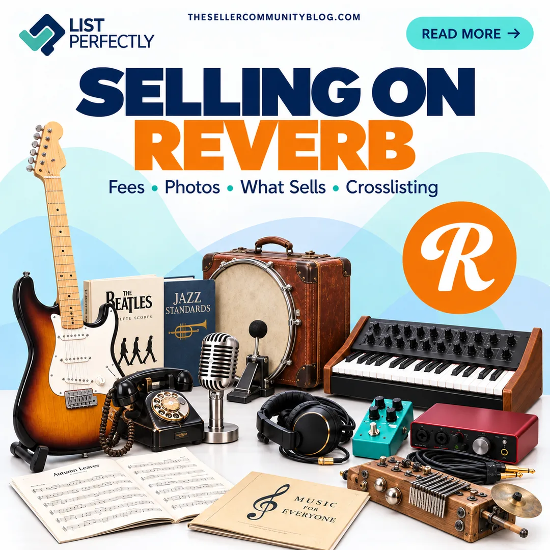 Selling on Reverb guide covering fees, what sells, photo requirements, prohibited items and crosslisting