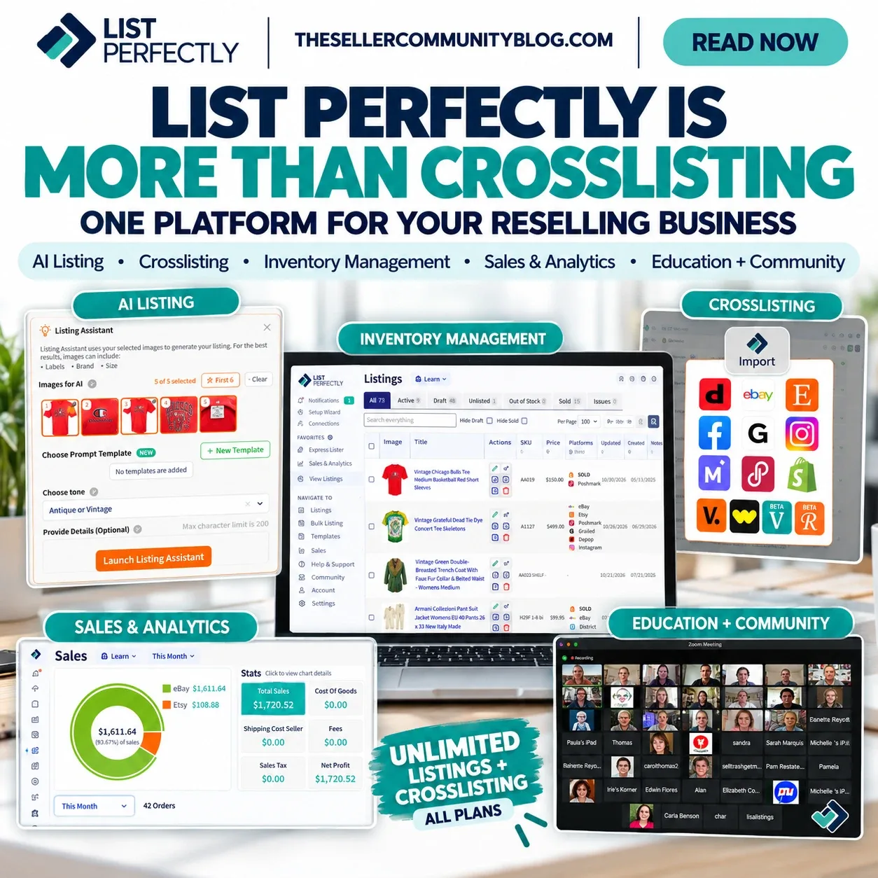 List Perfectly platform for listing creation, crosslisting, inventory management, AI tools, analytics, education, and community